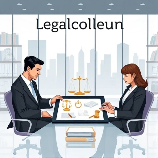 A professional and modern illustration of a legal advisory service named 'Legalcollegium', featuring a sleek office setting with a diverse team of lawyers in business attire reviewing documents, a digital tablet displaying legal icons (scales of justice, gavel, contract), subtle background elements like law books and a city skyline through glass walls, conveying trust, expertise, and accessibility — no text, letters, or digits visible in the image