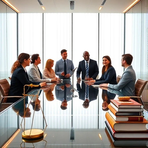 A diverse group of professionals gathered in a modern, well-lit conference room, engaging in a lively discussion around a sleek glass table. The setting includes subtle legal symbols such as a balanced scale, a gavel, and a stack of legal books, all arranged in a natural, unobtrusive way. The atmosphere conveys collaboration, trust, and expertise, with warm lighting and a polished, contemporary aesthetic.