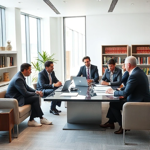 A modern and professional office setting with a team of legal experts engaged in a discussion. The room should be well-lit with natural light, featuring sleek furniture, legal books on shelves, and a large table with laptops and legal documents. The experts should be dressed in professional attire, conveying a sense of expertise and trustworthiness.