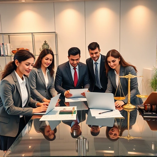 A professional and welcoming legal support scene featuring a diverse team of lawyers in modern business attire collaborating at a sleek glass desk with laptops, legal documents, and a scale of justice subtly integrated into the background. Warm, soft lighting conveys trust and approachability. The environment is clean, contemporary, and office-based, with subtle hints of legal symbolism like gavels or law books on a shelf, but no overt courtroom drama. No text, signs, or watermarks visible.