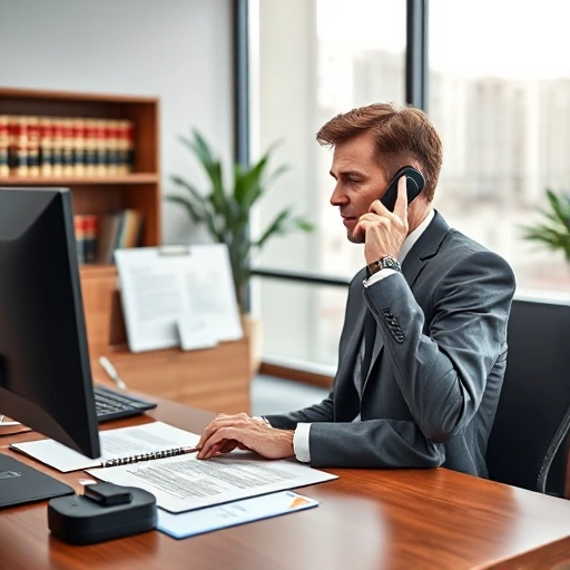 A professional and modern office setting with a lawyer or legal advisor on a phone call, providing legal advice. The scene should include legal documents, a computer, and a bookshelf with legal books. The atmosphere should be calm and professional, emphasizing the reliability and expertise of the legal advisory service.