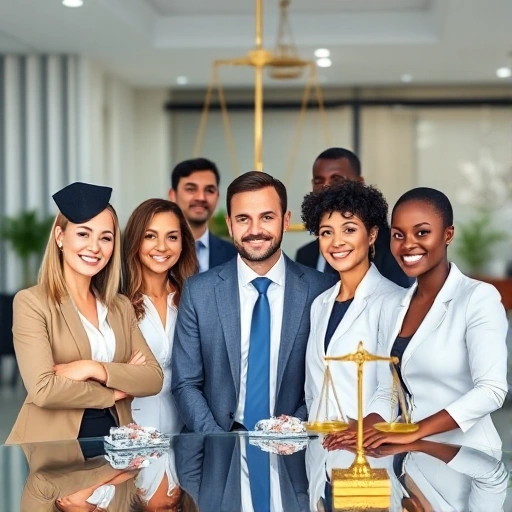 A professional network of diverse lawyers and legal professionals collaborating in a modern office setting, with subtle symbols of justice like scales and gavels integrated into the background, conveying trust, expertise, and connectivity in legal representation
