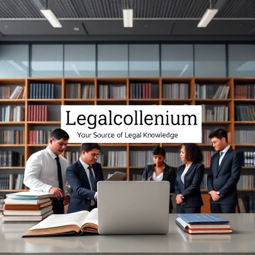 A professional and trustworthy scene representing a legal knowledge source, featuring a modern library or office setting with open books, a laptop displaying legal documents, and a diverse group of professionals in business attire discussing legal matters, with the text 'Legalcollegium: Your Source of Legal Knowledge' subtly integrated into the background design