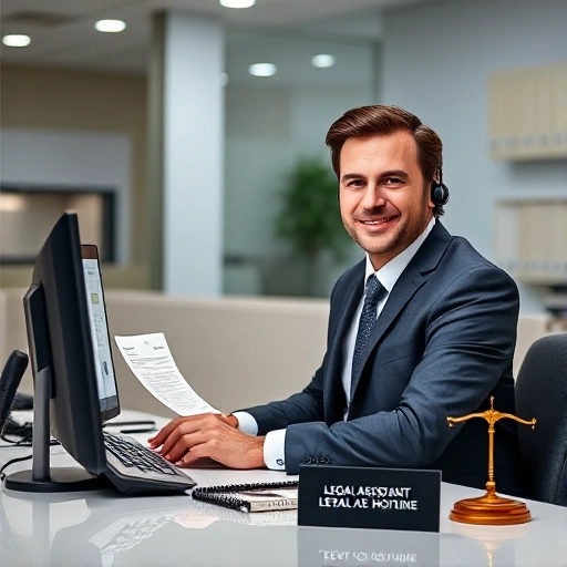 A professional hotline service scene with a friendly legal advisor wearing a suit, sitting at a modern office desk with a computer displaying legal documents, a telephone with a glowing 'Legalcollegium' logo, and a sign reading 'Legal Assistance Hotline'. The background shows a clean, well-lit office environment with subtle legal symbols like scales of justice and law books.