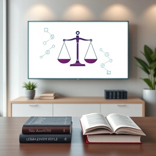 depict a modern, sleek legal advisory office environment with a digital screen displaying abstract legal symbols, a stack of legal books, a calm color palette, and subtle lighting, all in a clean, professional style
