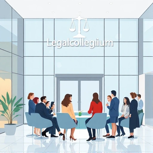 A professional and welcoming illustration of a legal assistance hub named 'Legalcollegium', featuring a modern building with glass windows and a subtle scale of justice symbol integrated into the architecture, diverse people of different ages and ethnicities consulting with lawyers in a bright, open reception area, soft natural lighting, clean lines, minimalistic design, conveying trust, accessibility, and expertise — no text, no signs, no letters or digits visible