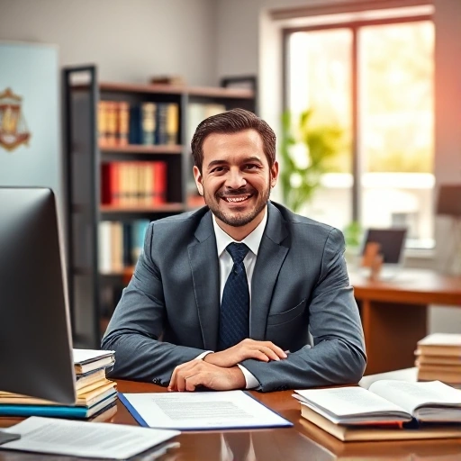 A professional and modern office setting with a lawyer or legal expert sitting at a desk, surrounded by legal documents, books, and a computer. The lawyer is smiling and appears approachable, with a warm and inviting atmosphere. The background includes a bookshelf filled with legal reference books and a window with natural light. The overall scene conveys trust, expertise, and a welcoming environment for clients seeking legal advice.