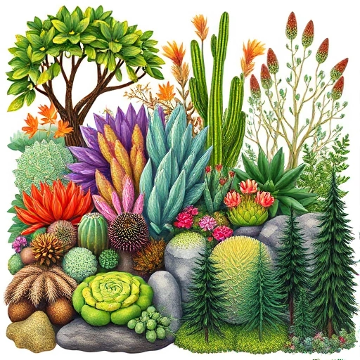 A vibrant, detailed illustration of diverse plant species from various ecosystems—tropical rainforest canopy, desert succulents, alpine tundra moss, and temperate forest understory—showing a wide range of shapes, colors, and textures, with a subtle background that emphasizes the variety of plant life.