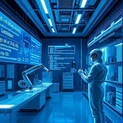 A futuristic laboratory with glowing holographic displays showing scientific equations, a robotic arm assembling nanotech components, and a scientist in a sleek white suit observing data streams floating in mid-air, all bathed in cool blue and silver light with subtle circuit-like patterns on the walls