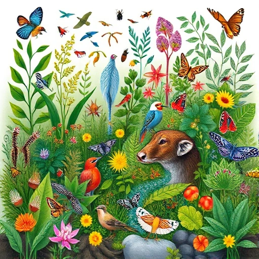 A vibrant, detailed illustration of a diverse ecosystem showcasing various species of plants, insects, birds, and mammals coexisting harmoniously in a lush natural environment, emphasizing the interconnectedness of all life forms