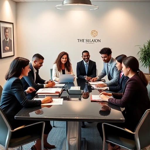 A diverse team of legal professionals gathered around a modern conference table, collaborating on legal documents and digital devices. The setting is a sleek, contemporary office with subtle legal-themed décor such as a framed law book, a subtle company logo on a wall, and a calm, professional atmosphere. The team members are engaged, smiling, and exchanging ideas, showcasing professionalism and teamwork. No text, letters, or numbers should appear in the image.