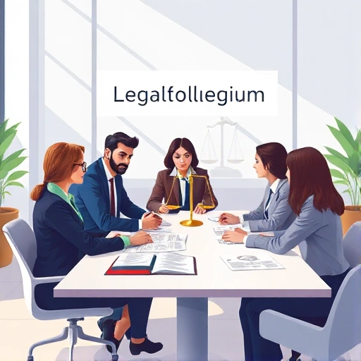 A professional and welcoming illustration of a legal assistance association named 'Legalcollegium', featuring a diverse group of people in business attire engaged in a collaborative discussion around a table with legal documents, scales of justice subtly integrated into the background, soft natural lighting, modern office environment, conveying trust, expertise, and accessibility