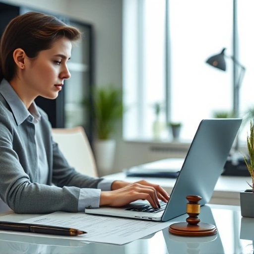 A professional office scene with a focused person using a laptop and legal documents, symbolizing quick resolution of legal issues, clean and organized workspace, modern interior, soft lighting, conveying efficiency and expertise