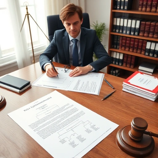 A professional legal consultant sitting at a desk with documents related to inheritance, including a will, family tree diagram, and legal books, in a calm office setting with soft natural light, emphasizing trust and expertise