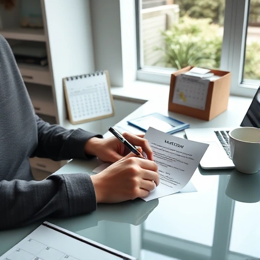 A professional office scene showing a person sitting at a desk writing a vacation request letter on paper with a pen, surrounded by a calendar, laptop, and a coffee cup, soft natural lighting from a nearby window, clean and organized workspace, realistic style with attention to detail
