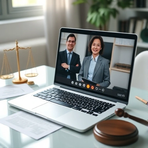 A professional online legal consultation scene: a laptop on a desk with a video call interface showing a lawyer in business attire speaking to a client, both visible on screen, with legal documents, a gavel, and a scale of justice subtly visible in the background, soft natural lighting, modern home office setting, calm and trustworthy atmosphere
