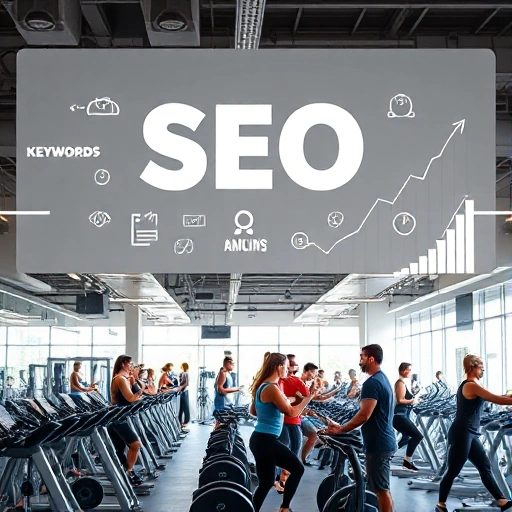 A modern fitness club interior with people exercising, motivational wall graphics showing SEO concepts like keywords, backlinks, and analytics charts, bright natural lighting, diverse group of individuals working out, sleek equipment, subtle digital overlays of search engine symbols and ranking graphs integrated into the environment, professional and energetic atmosphere