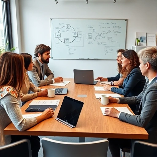 A professional meeting in a modern office setting, with a diverse group of people engaged in a discussion around a table. The table has legal documents, laptops, and coffee cups. The room is well-lit with natural light, and there is a whiteboard in the background with diagrams and notes. The atmosphere is collaborative and focused.