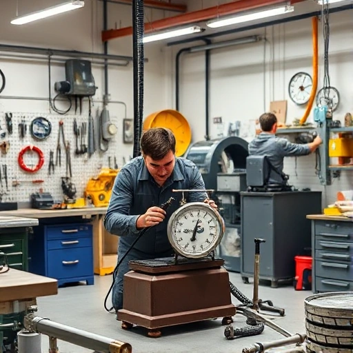 A clean, well-organized workshop interior with high-quality tools and equipment, showing a technician carefully repairing a set of industrial scales, with clear focus on precision and craftsmanship, good lighting, realistic details, no text or numbers