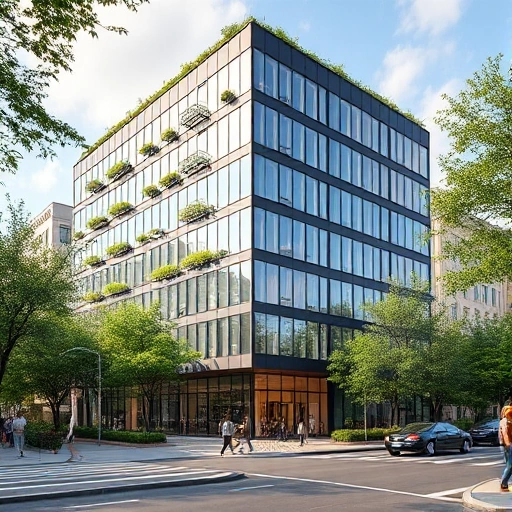 A modern office building in the Petrogadsky district of Saint Petersburg, showcasing its architectural beauty with large windows, green spaces around, and a bustling street scene with people walking and cars passing by. The image should capture the vibrant and dynamic atmosphere of the area, highlighting the advantages of having an office in this location.