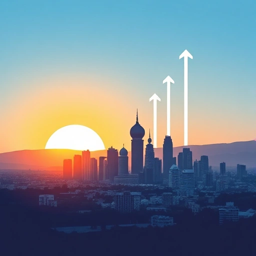 A stylized illustration of Almaty's skyline at sunset, with digital search icons and upward arrows emerging from the city, representing SEO growth, in a clean, modern style