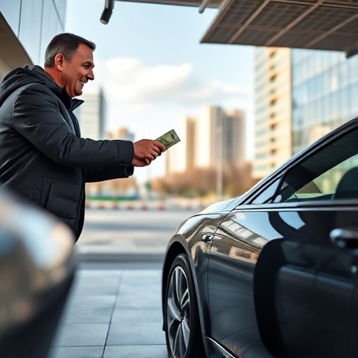 A modern car being quickly purchased in a professional auto dealership in Yekaterinburg, with a satisfied seller receiving cash from a buyer, urban background with city buildings and clear sky, realistic style, focus on speed and convenience of urgent car buyout