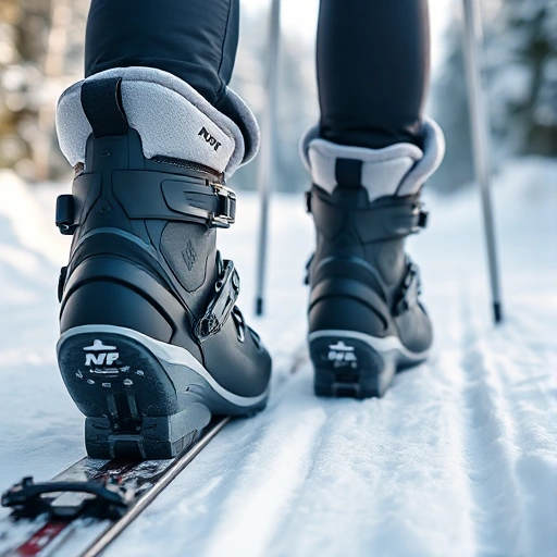 A close-up of a pair of high-quality cross-country ski boots on a snowy trail, with visible technical details like the sole, buckles, and insulation, soft natural daylight, minimalist winter background, no text or logos