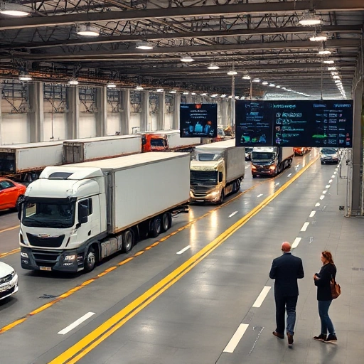 A modern logistics hub with trucks loading and unloading cargo, sleek delivery vehicles on highways, digital tracking screens showing real-time routes, and professionals in business attire coordinating operations — all conveying the essential role of transportation companies in enabling global commerce, efficiency, and supply chain reliability.