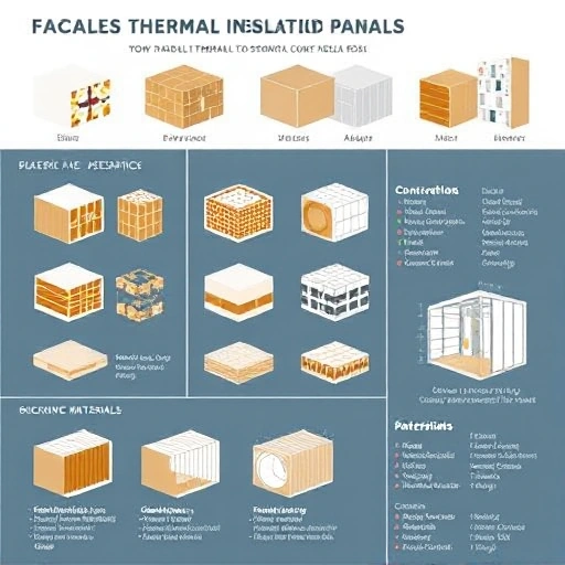 A detailed infographic showing various types of facade thermal insulation panels, including their cross-sections, materials, and applications on building exteriors, with clear labels and technical specifications in a clean, organized layout