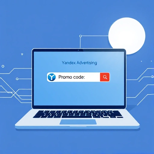 A modern digital illustration showing a laptop screen displaying a Yandex Advertising promo code input field, with a stylized Yandex logo nearby, subtle glowing effects around the code, and abstract tech-inspired background elements like circuit lines and data streams, all in a clean, professional, minimalist design with soft blue and white color accents