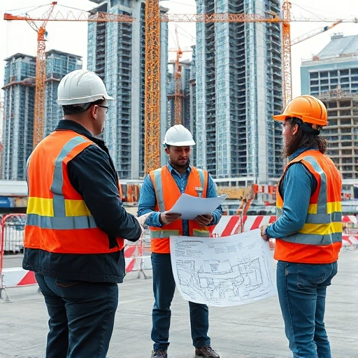 A professional construction site scene showing engineers and inspectors conducting building control and technical supervision, with modern high-rise buildings under construction in the background, detailed architectural blueprints visible, safety barriers, cranes, and workers in safety gear, emphasizing precision and oversight in modern construction projects